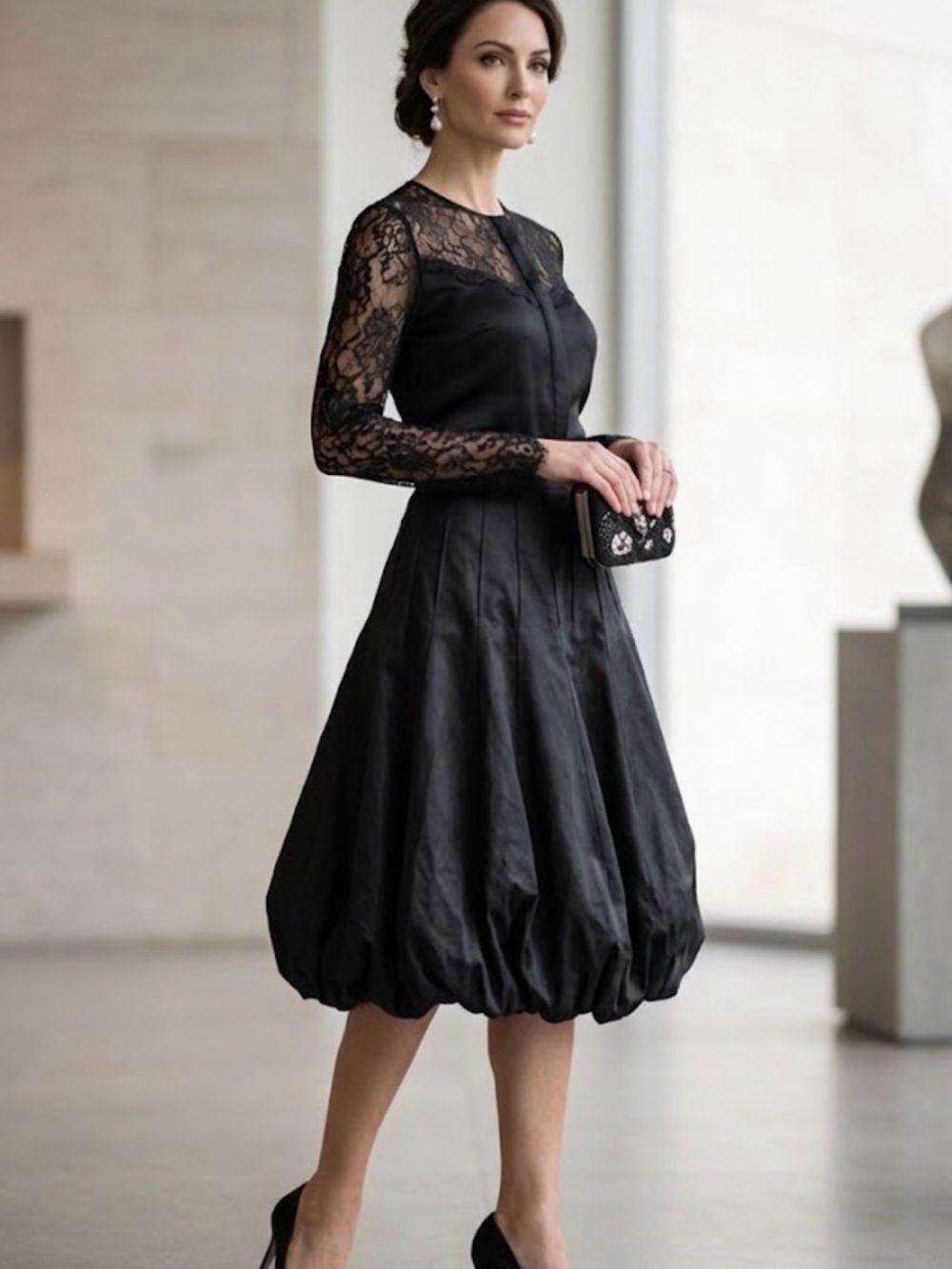 SHANI Black Taffeta Bubble Skirt Pleated Lined Knee Length Women's Size 6